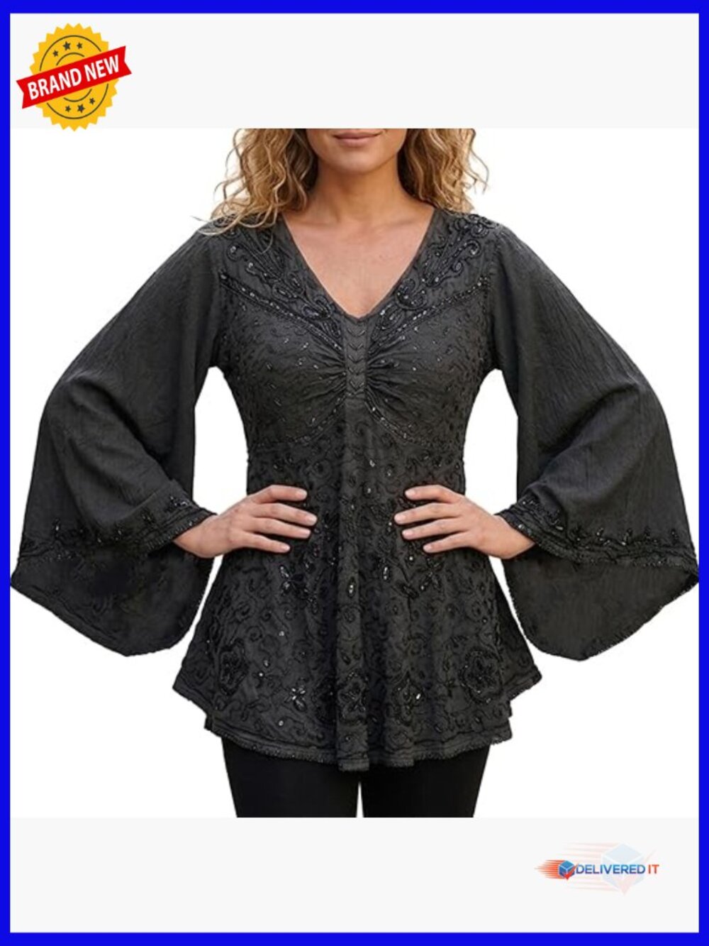 V-Neck Bell Sleeve Embroidered Tunic Top Women Boho Long Sleeve Blouse